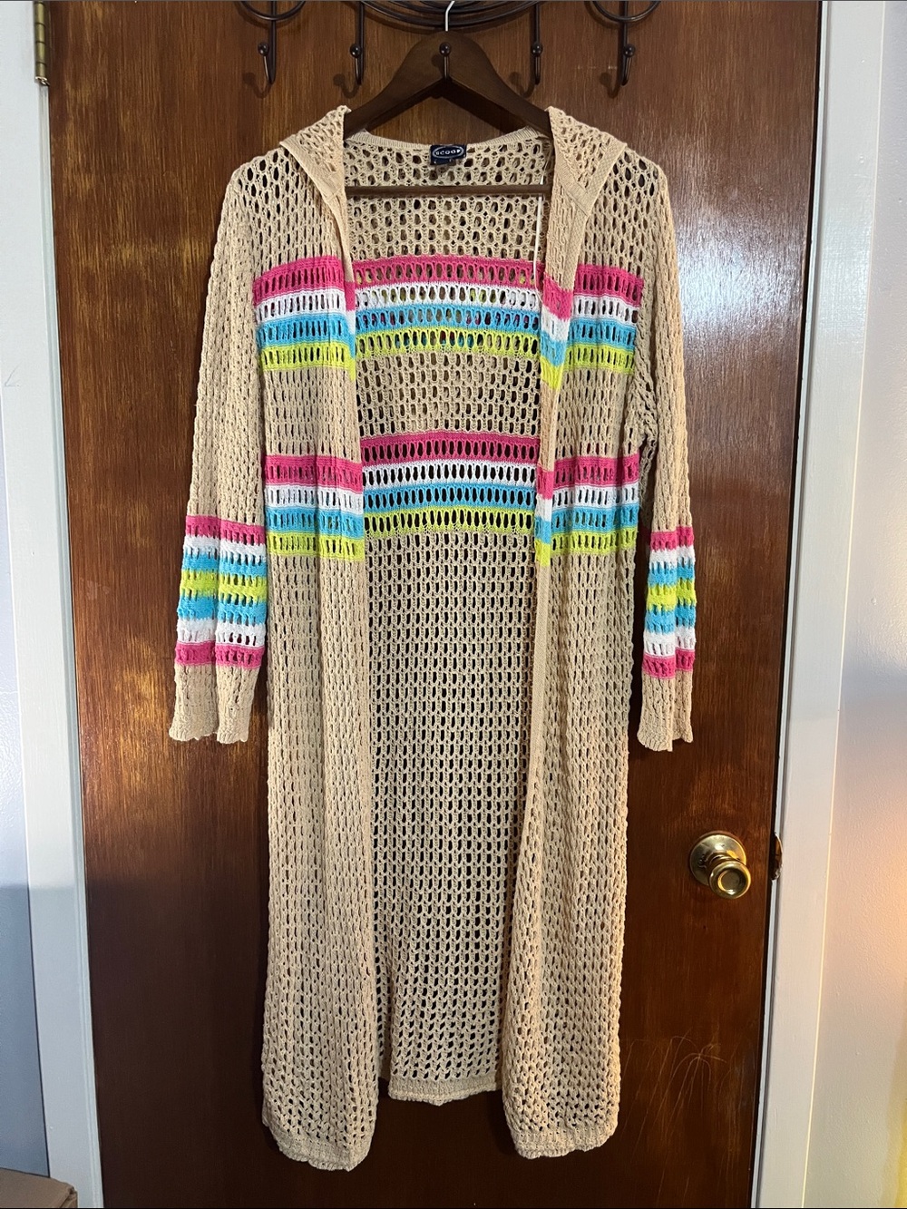 Beige Open-Knit Hooded Duster with Pink, Blue & Yellow Stripes